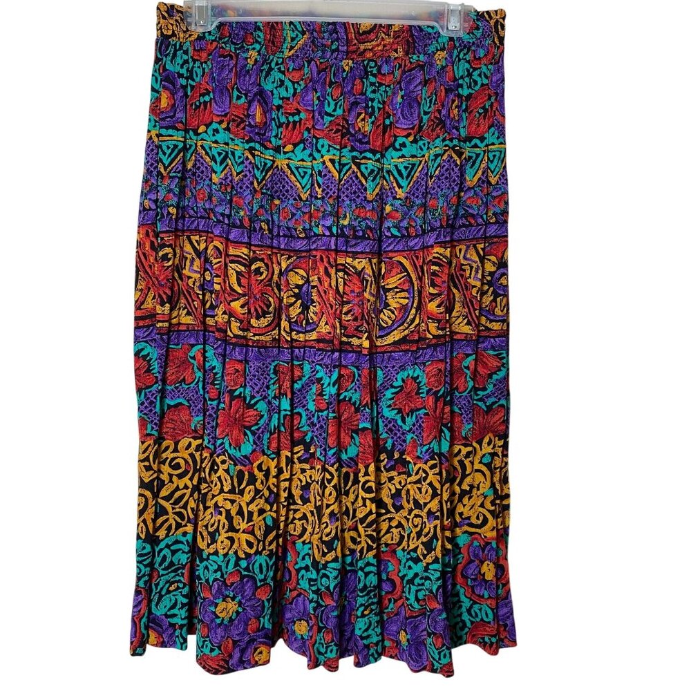 Michele Leslie Vintage Colorful Patchwork Midi Skirt Elastic Waist Boho Retro M